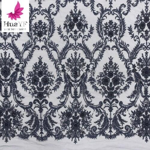 2020 African blue Lace High End Heavy Net France Lace Fabric With Beads High Quality African Handmade Beads French Lace
