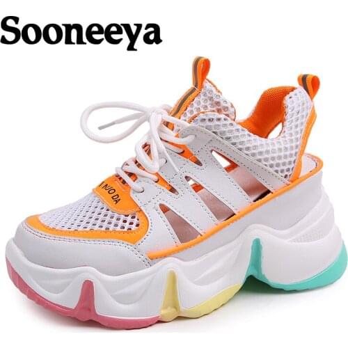 2020 Summer Women Wedge Shoes Female Buckle High Heels Chunky Platform Sneakers Ladies Rainbow Cutout Casual Running Shoes Women