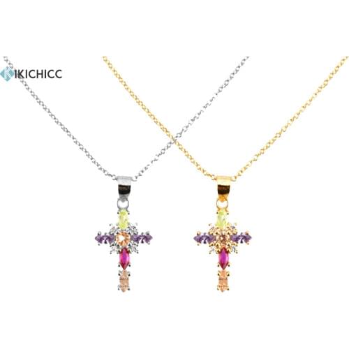 KIKICHICC 925 Sterling Silver Gold Rainbow CZ Ovals Cross Pendant Long Chain Necklace 2021 Fine Jewelry Crystal Luxury Gift