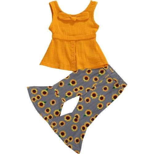 2Pcs Infant Kids Girls Outfit Summer Autumn Sweet Solid Sleeveless Flouncing Top + Striped Sunflower Flared Trousers Set