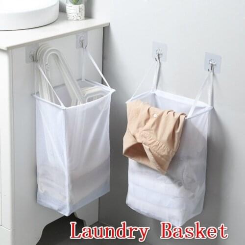 Laundry Basket Washing Clothes Organizer Mesh Storage Punch Free Adhesive Hook Home Foldable Multifunctional Wall Hanging