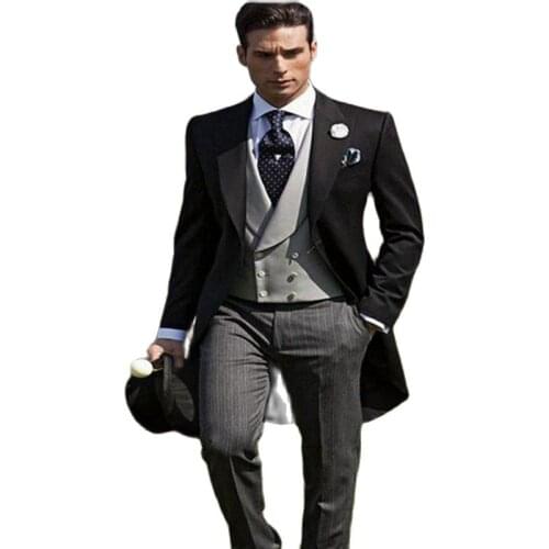 Handsome Black Morning Style Groom Tuxedos Men Prom Business Suits Coat Waistcoat Trousers (Jacket+Pants+Vest+Tie) K:139