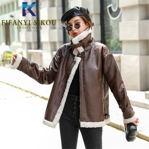 PU Leather Jacket Women High Quality Thick Warm Winter Lambswool Jackets Loose Faux Leather Jacket Lady Fashion Motorcycle Coat