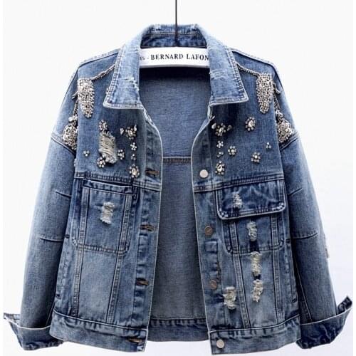 Autumn Fashion Beading Diamonds Denim Jacket Coat Women Casual Frayed Outerwear Loose Short Jeans Jacket Female Chaqueta Mujer