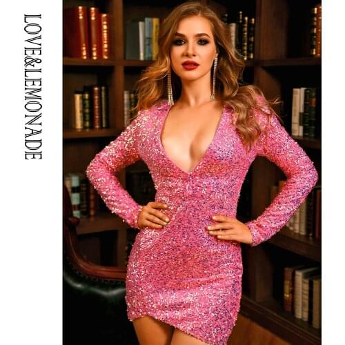 LOVE&LEMONADE Sexy Deep V-Neck Rose Red Elastic Sequins Long-Sleeved Bodycon Mini Dress LM82121-6