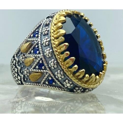 Silver 925 sterling Turkish handmade jewelry blue sapphire mens ring all sizes