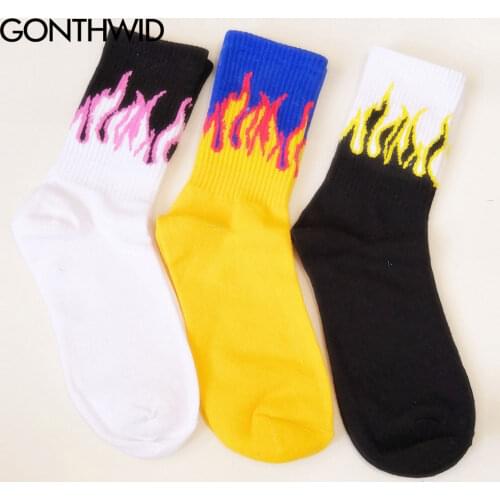 GONTHWID Hip Hop Fire Flame Socks Streetwear Mens Women Harajuku Fashion Casual Cotton Street Skateboards Socks Male