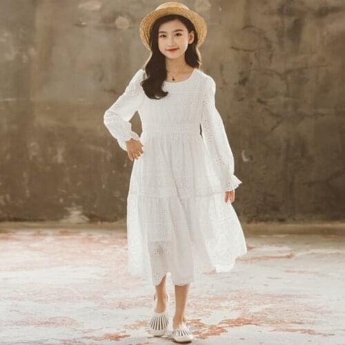 New 2021 Autumn Kids Dresses for Girls Children Midi Cotton Dress Embroidery White and Pink Long Sleeve,#6436