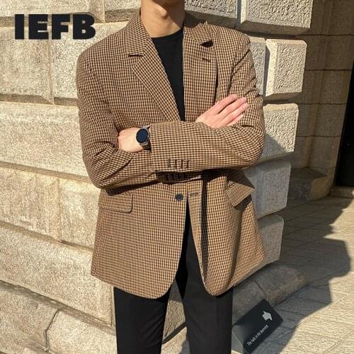 IEFB Autumn New Korean Trend Plaid Blazer 2021 Handsome Casual Suit Mens Coat Back Vent Single Breasted Vintage Clothes 9Y5239