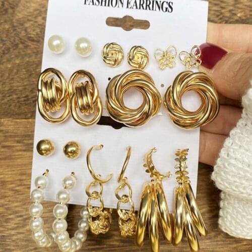 New Fashion Vintage Gold Earrings#Ear Nail Set Geometric Inlaid Pearl Ear Stud Temperament Pearl Eardrop Earring For Female 2021