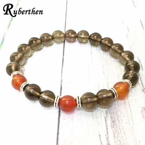 Ruberthen New Design AA Grade Smoky Quart z Energy Bracelet 8 mm Natural Carnelian Powerful Bracelet Best Birthday Gift for Him