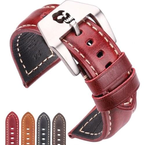 Handmade Cowhide Watchbands 22mm 24mm 26mm Brown Blue Green Red Leather Watch Strap Belt Stainless Steel Skull Hollow Buckle
