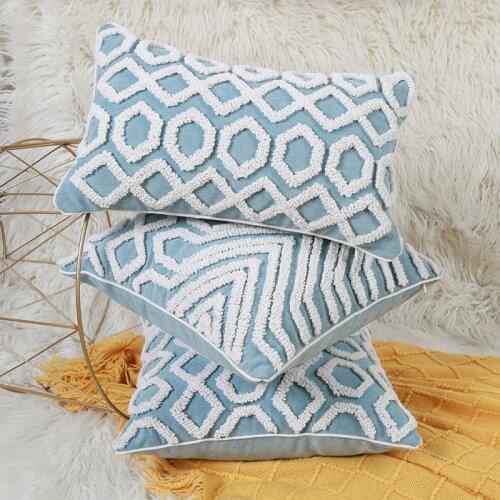 Blue Tufted Pillowcase Circle Geometric Pattern Three-dimensional Cotton Thread Embroidery Sofa Waist Pillow Cushion Backrest