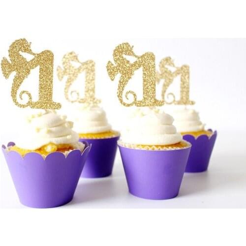 Custom number glitter seahorse cupcake toppers under the sea beach wedding Birthday Party decorations Supplies toothpicks