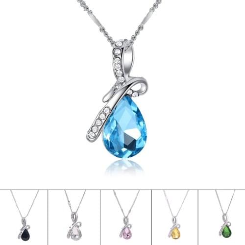 Fashion 925 Sterling Silver Fashion Shiny Blue Crystal Water Drop Ladies Pendant Necklace Jewelry Women Short Chain No Fade