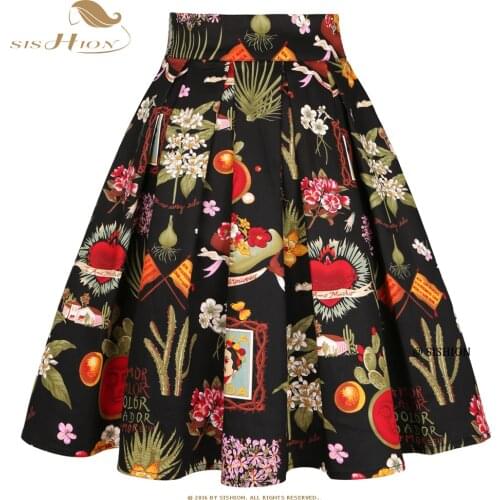 Black Floral Print Cotton 50s 60s Retro Vintage Skirt SS0012 High Waist Summer Women Midi Rockabilly Skirt