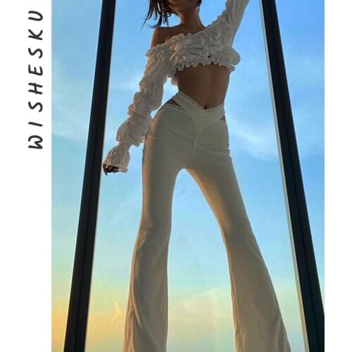 Women Low Waist Lace Patchwork Flare Skinny Pants Cut Out Bandage Solid Trousers 2021 Summer Party Clubwear Streetwear