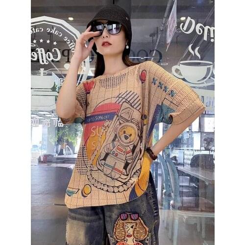 Cartoon Funny Cute Hollow Out Graffiti Tops Women Nice Short Sleeve Kawaii Sweater Green Sweater Womens Clothing Nice