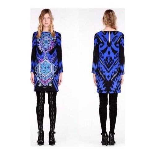 Ladies' fashion top quality Italian fashion geometry elastic knitting slim beautiful blue dress