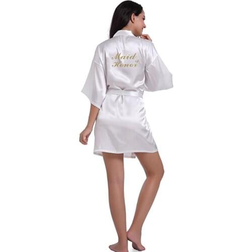 RB85 Maid of Honor Letter Golden Glitter Print Kimono Robes Faux Silk Women Bachelorette Wedding Preparewear Bridal Party Robe