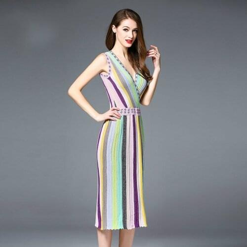 2018 Summer Womens Dress Sexy Striped Spliced Dresses Sleeveless V Neeck Slim Knit Dresses with Beading