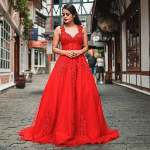 Evening Dress 2021 A-Line Red Sexy V-Neck Floor Length Sleeveless Lace Appliques Gorgeous Women Party Prom Gowns Sweep Train