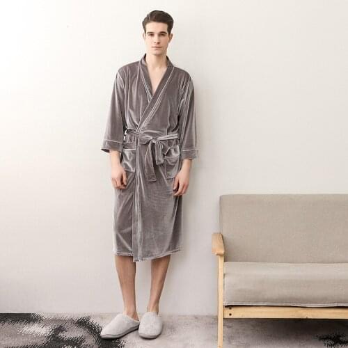 2019 Winter Warm Men Home Clothes Velvet Soft Bathrobe Long Kimono Robe Dressing Gown Solid Sleepwear Male Long Sleeve Nightgown