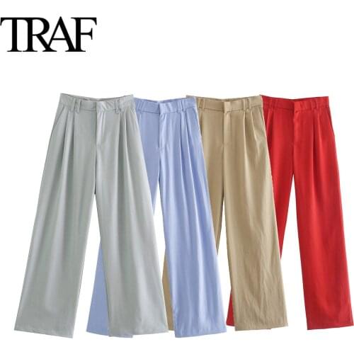 Traf Za Women Clothing Korean Fashion High Waist Wide Leg Pants Vintage Side Pockets Linen Trousers Mujer
