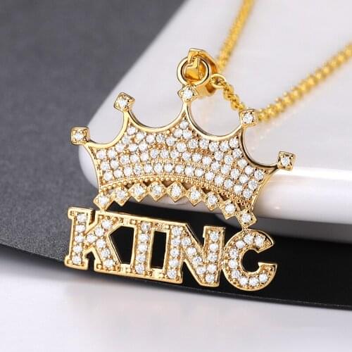 Hip Hop King Crown Pendant Necklaces For Women Men Zircon Gold Stainless Steel Chain Fashion Party Couple Jewelry Gifts