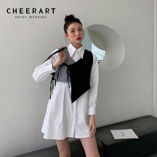 CHEERART 2 Piece Sets Womens Outfits White Button Up Shirt Dress Long Sleeve Korean Fashion 2021 Collar Dress Desinger Clothing