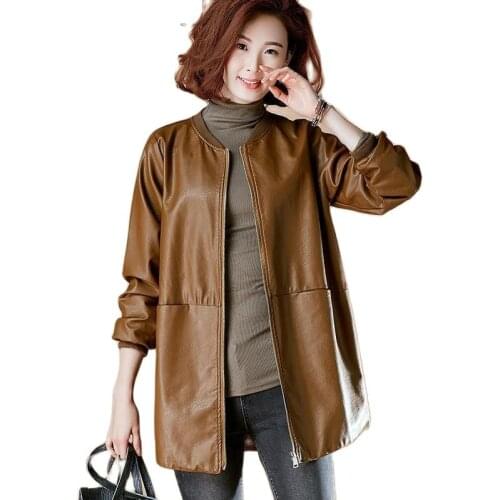 2021 Women Loose Faux Leather Jackets Casual O Neck 6XL Plus Size Basic Coats Autumn Soft PU Leather Lady Baseball Outerwear 54