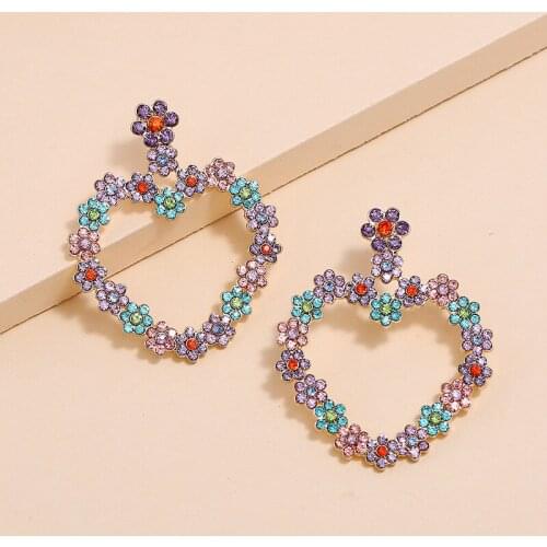 2020 Hot Fashion Exaggerated Big Hollow Heart Shaped Pendant Colorful Flower Drop Earrings for Women Girls Party Jewelry