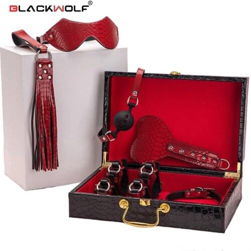 BLACKWOLF PU Leather Bondage Set BDSM Sex Kits Fetish Handcuffs Collar Whip Gag Erotic Products Sex Toys For Couples Adult Game