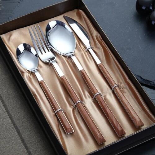 Stainless Steel Cutlery Set Fork Spoon Knife Imitation Wood Handle Dinner Set Tableware Eco Friendly Products Dessert Spoon Gift
