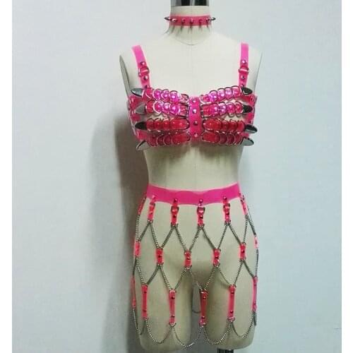 100% Handcrafted Neon Pink Spiked Choker Collar Harness 4 Row Caged Crop Top Bra Vinyl PVC Bondage Belt Waist Skirt Dress Chains