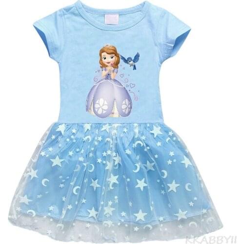 Sofia New Cross Border Girls Dress Cotton 3D Printing Cartoon Star Moon Gauze Short Sleeve Princess Skirt
