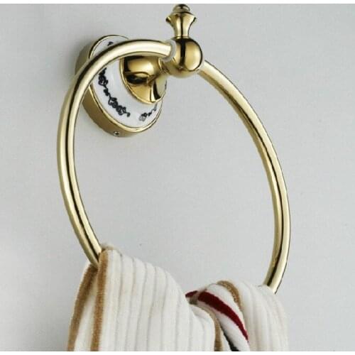 Luxury Gold Color Brass Bathroom Wall Mounted Towel Ring Holder Bathroom Accessories Bath Hardware ceramic Base mba252