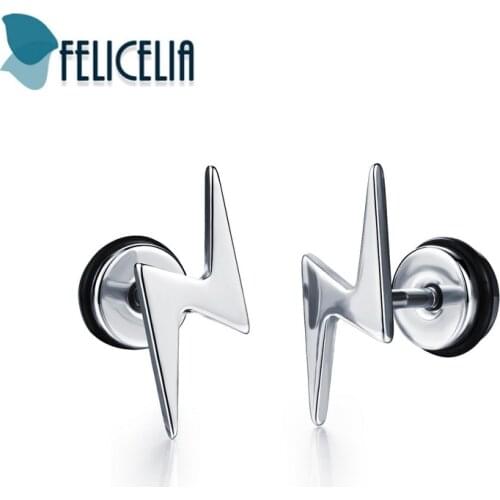 Felicelia Fashion Lightning Design Men Earrings Black Silver Color Stainless Steel Stud Earrings Punk Style Jewelry Accessories
