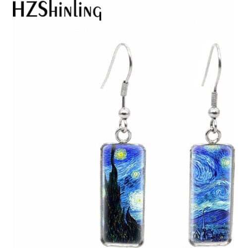 2019 New Van Gogh Paintings Fish Hook Earring The Starry Night Rectangular Earrings Glass Hand Craft Jewelry