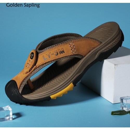 Golden Sapling Flip Flops Genuine Leather Mens Slippers Retro Beach Shoes Breathable Summer Men Flip Flops Classics Casual Shoe