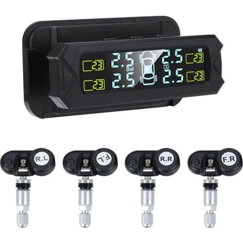 USB Solar Power Tire Pressure Monitoring System Wireless Car TPMS LCD Display Pressure Alarm with Internal Sensor