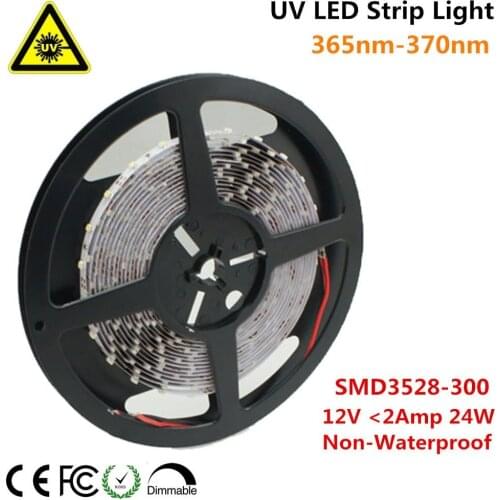 Ultraviolet LED Strip, 365nm-370nm 16.4FT 24W 5M 12V SMD3528 300LEDs UV Ultraviolet Non-Waterproof 8mm White PCB Flexible ST142