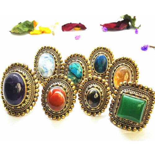 Vintage Semi-gemstone Rings Golden Brass inlaid Natural Crystal Agate Moonstone Big Oval Ring R230