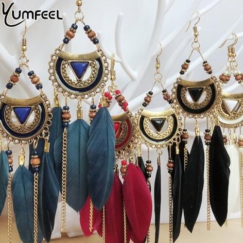 Yumfeel Vintage Bohemia Earrings Antique Metal Tassel Brincos Little Beads Long Feather Drop Earrings Women Gifts