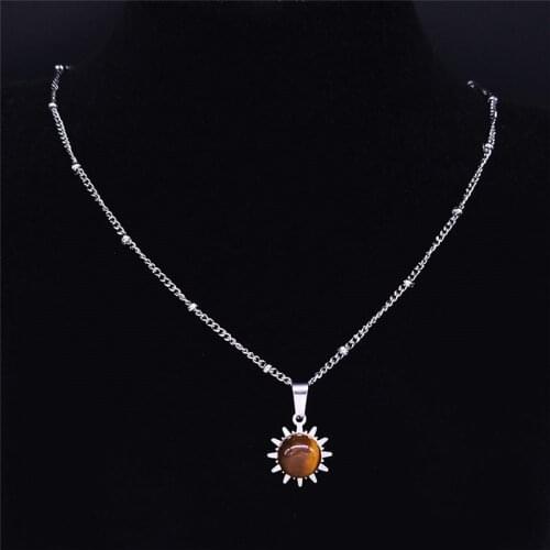 Sun Stainless Steel Natural Stone Charm Necklaces for Wmen Silver Color Chain Necklace Small Boho Jewelry bijoux femme NXS04