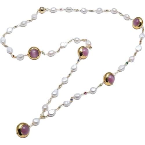 GG Jewelry Natural White Baroque Keshi Pearl Cz Pave Chain Pink Cat Eye Long Sweater chain Necklace Handmade For Women