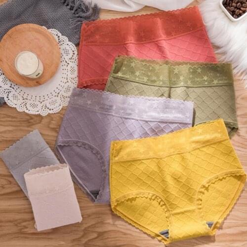 Women Sexy Breathable Stars Soft Lace Hem High Waist Cotton Underwear Briefs Comfortable Solid Color Women Lingeries