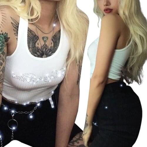 2021 Summer Woman Tank Tops Sleeveless Rhinestones Decoration Hem Crop Tops High Street Girls Clothes