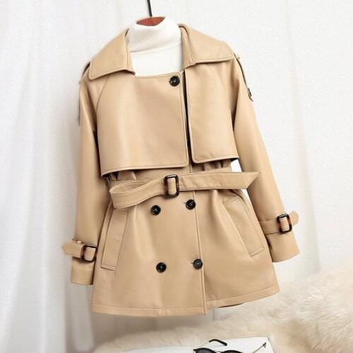 England Style Womens High Quality Genuine Leather Belt Trench coat Chic elegant OL sheepskin Real leather overcoat C279