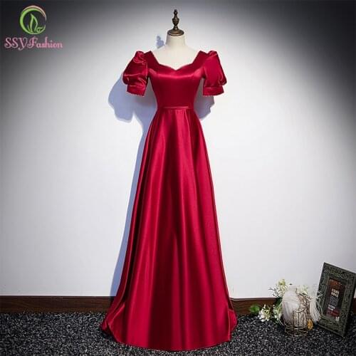 SSYFashion New Simple Satin Wine Red Evening Dress Square Collar Puff Sleeve A-line Floor-length Party Formal Gowns for Women